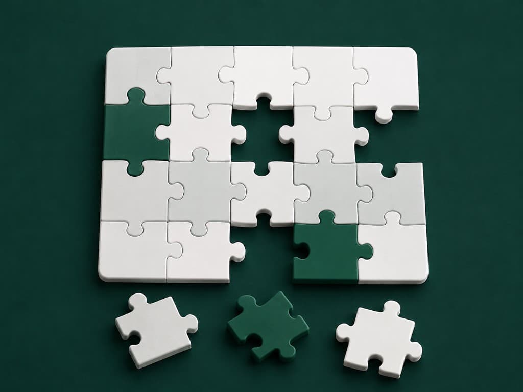 An incomplete puzzle on a green field — most pieces placed, two gaps, three pieces still loose